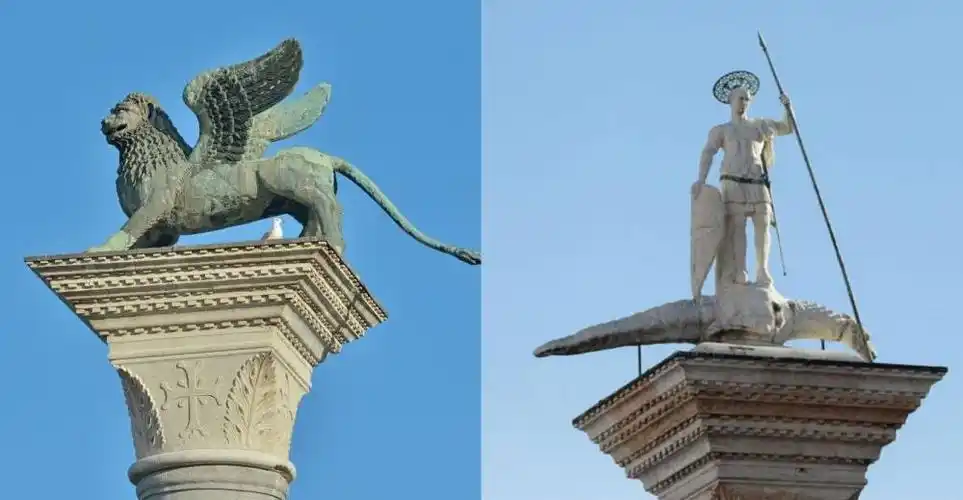 而另一座柱子顶端的雕像则是威尼斯现任守护神圣马可的坐骑飞狮,它在