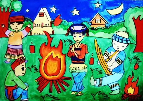 少儿书画作品-狂欢火把节/儿童书画作品狂欢火把节欣赏_中国少儿美术