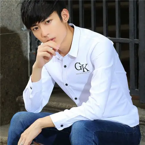 韩雪青青2016新款韩版衬衫潮流行男士修身纯色男休闲白色纯棉寸衫衬