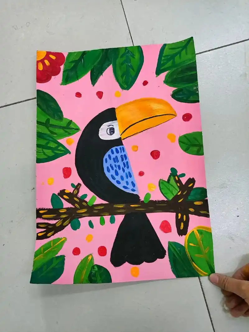 可爱的小鹦鹉.#画画 #美术 #水粉 #神彩书画 #儿童水粉 - 抖音