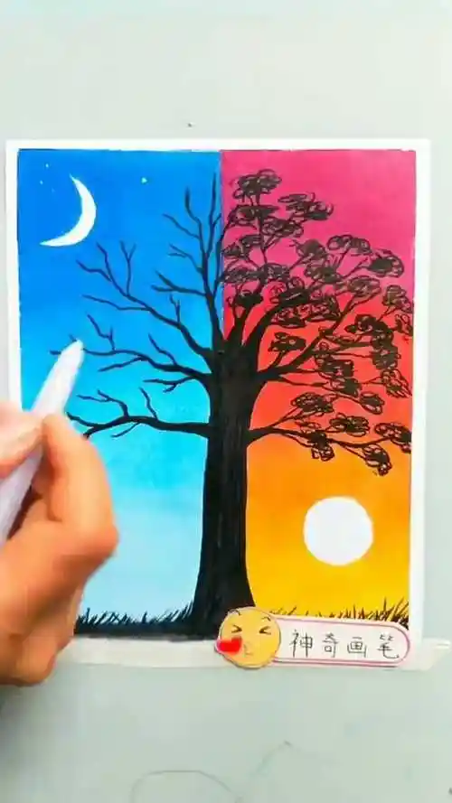 油画棒教你画白天与黑夜风景步骤简单零基础一看就会