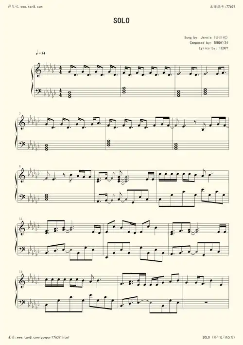 《solo,钢琴谱》jennie(五线谱 钢琴曲 指法)-弹吧|蛐蛐钢琴网
