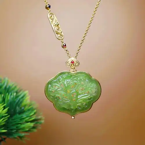 珠玥珠宝和田玉碧玉如意香囊吊坠18k金镶玉镂空如意挂件玉香囊挂坠女