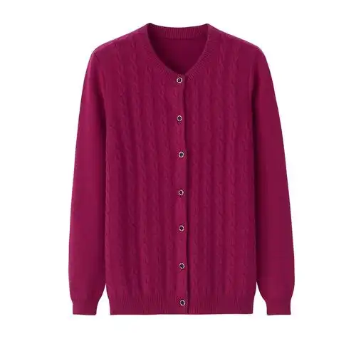 中老年羊绒衫女士圆领针织开衫加厚纯色对襟领提花外套宽松妈妈装