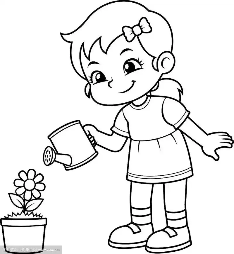 女孩正在给她的花浇水