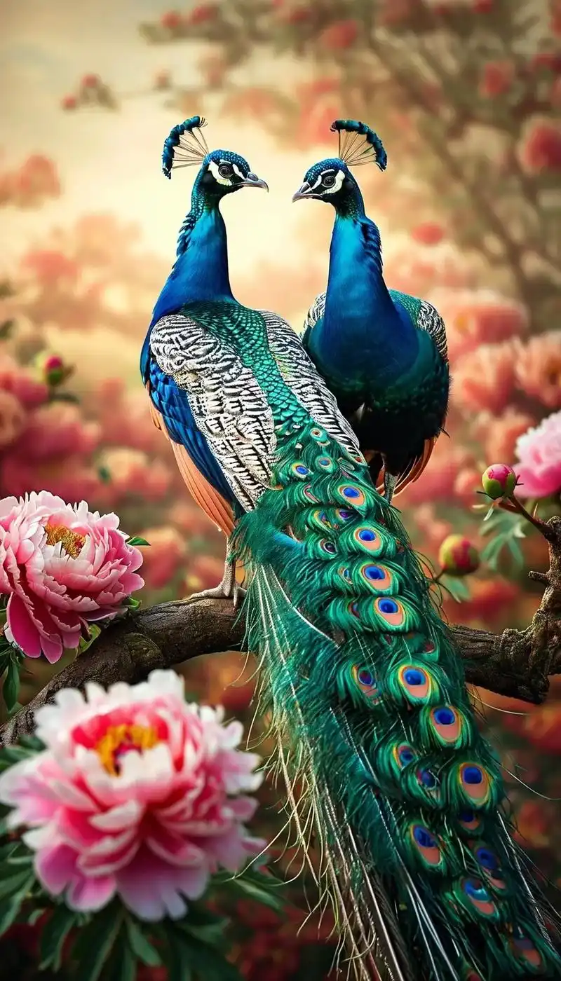 富贵吉祥的孔雀牡丹图.抖音搜索神图壁纸,输入口令e5635下