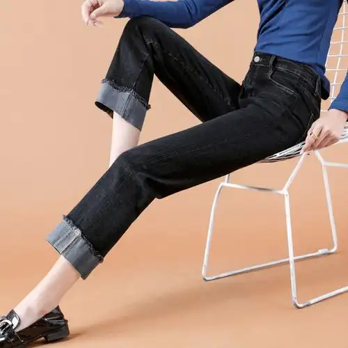 黑色女士新款裤子牛仔裤秋季宽松筒裤