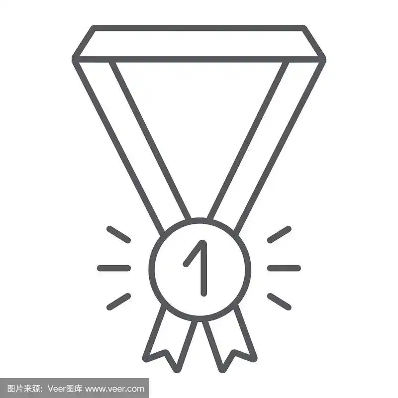 奖牌细线图标,徽章和奖品,一等奖标志,矢量图形,白色背景上的线性图案