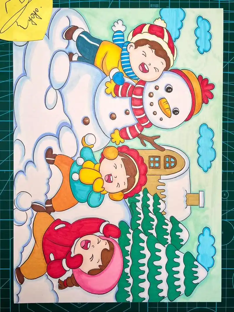 欢乐冬季堆雪人打雪仗主题画.#画个小画 - 抖音