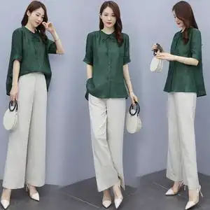 减龄棉麻套装女2021年夏装新款复古文艺气质九分阔腿裤亚麻两件套