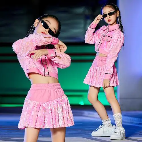 爵士舞服装女儿童秋冬舞蹈服模特走秀时装女童亮片套装演出服儿童