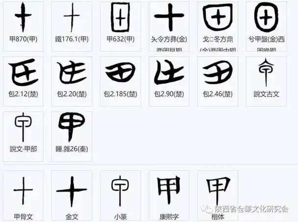 汉字:「甲」 金文 字形图汉字:「甲」 楚系简帛文字汉字:「甲」 秦系