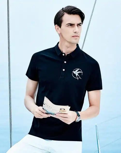 花花公子男装男式2018夏季新款纯棉商务弹力修身绣花衣服男士polo衫
