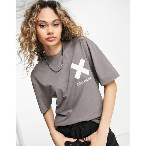 collusion女款炭灰色圆领t恤|unisex logo t-shirt in dark grey
