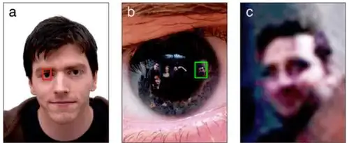 放大照片中的瞳孔,可以观察到被隐藏的旁观者.