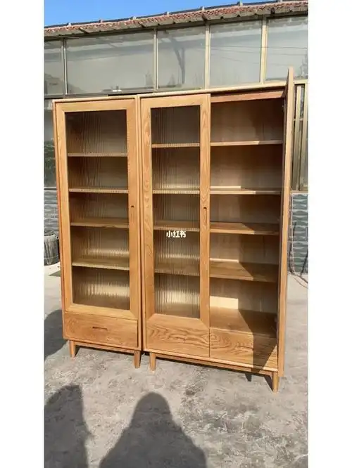 实木书柜落地带玻璃门全实木北欧橡木展示柜