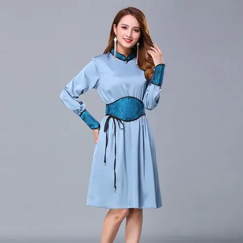 改良蒙古袍新款蒙古服装女现代日常生活装立领秋季蒙古元素连衣裙