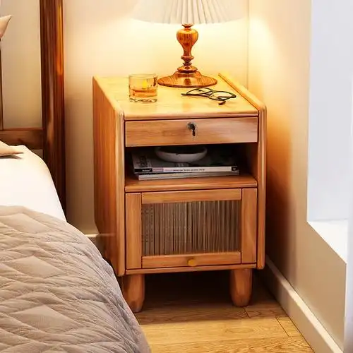 藤印象床头柜木现代简约小型床边柜卧室带锁储物柜北欧床边窄缝收纳柜