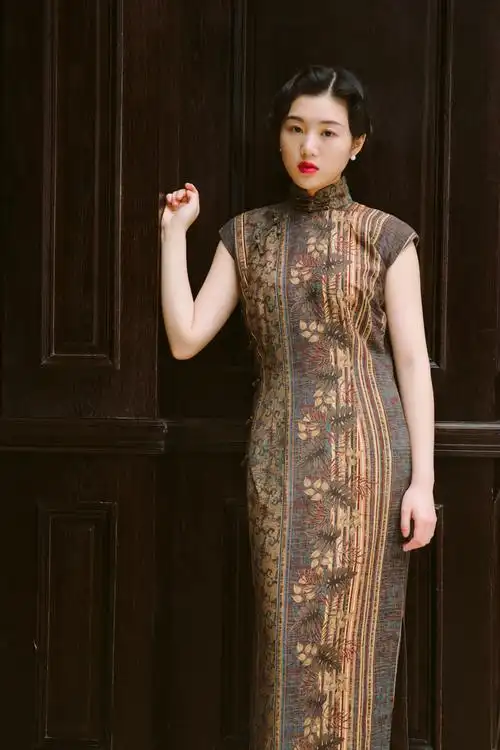 茉茉旗袍 平肩小连袖中长款 复古文艺日常印花亚麻旗袍 老桥