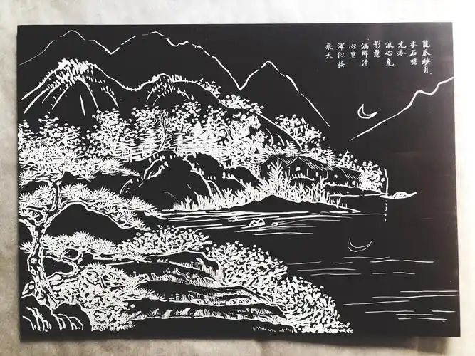 手工雕刻黑白木刻版画风景