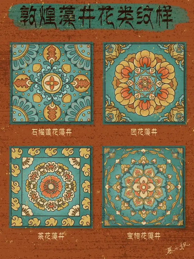 敦煌藻井花类纹样(附线描稿) 藻井者,交木为井,饰以藻文,位于中国传统