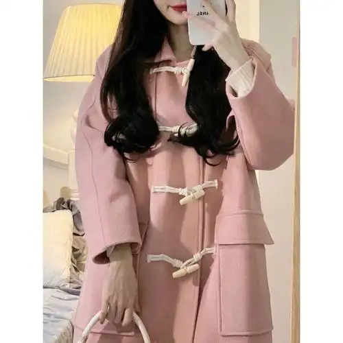 粉色牛角扣呢子外套女中长款冬季新款日系宽松加厚小个子毛呢大衣