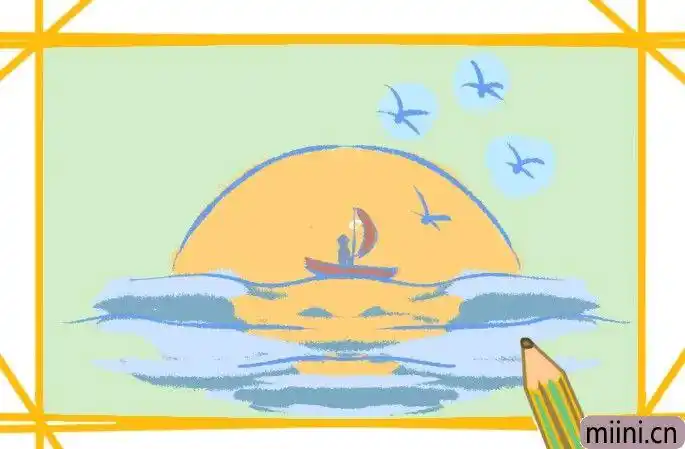 海上的落日风景简笔画步骤教程