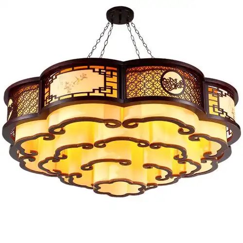 中式吊灯实木中国风客厅木艺古典祥云吸顶灯羊皮茶楼工程大吊灯具