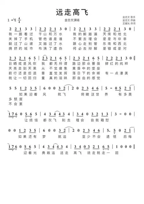 远走高飞智能简谱金志文演唱
