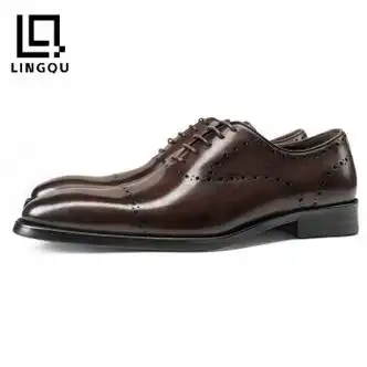 lingqu质感到位男士商务正装皮鞋牛皮英伦风布洛克牛津鞋男咖啡色39