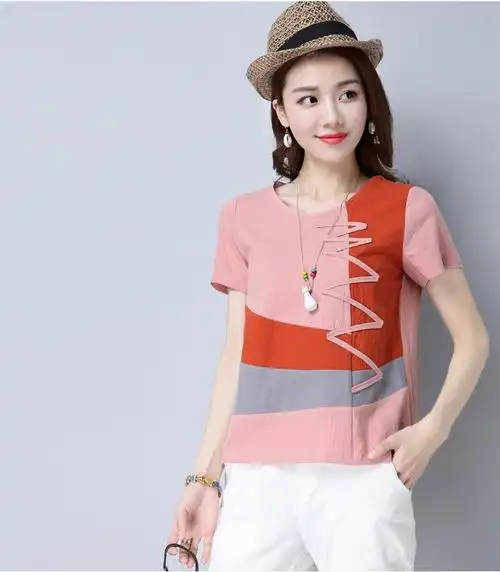 【新品八折】棉麻短袖t恤女夏季文艺范大码宽松撞色休闲民族风上衣