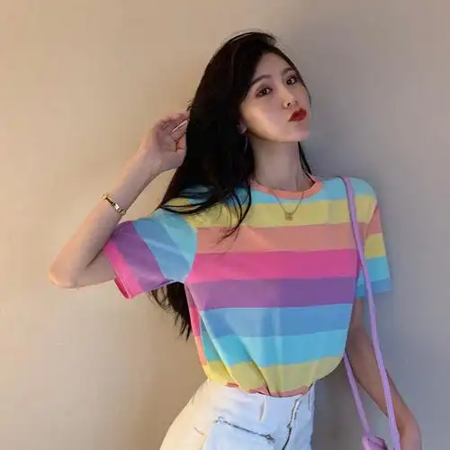 实拍实价泫雅风上衣彩虹条纹短袖t恤新款宽松学生半袖打底衫