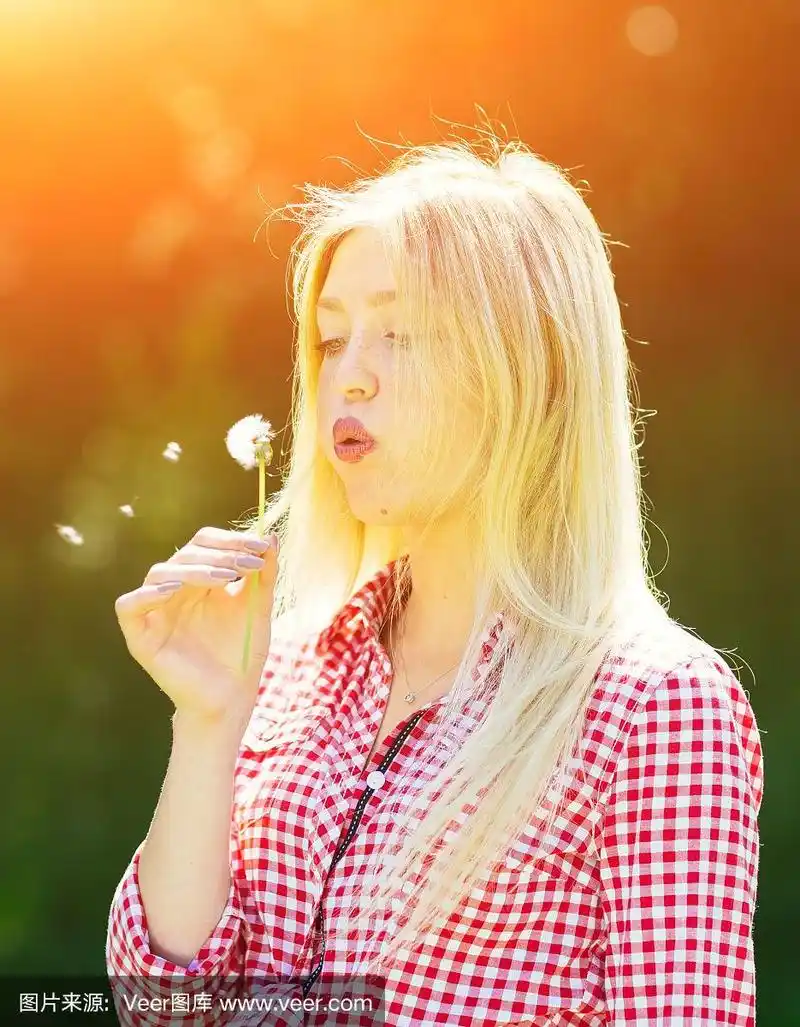 美丽的年轻女子吹种子的花蒲公英