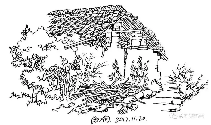 学钢笔画240瓦房一角…喜欢看这瓦片!