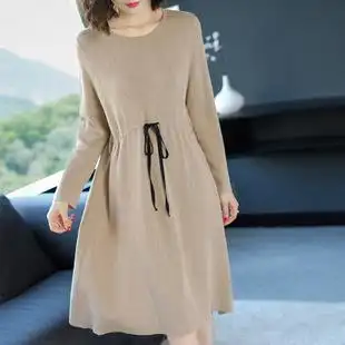 2018秋季新款韩版纯色圆领长袖套头毛衣裙中长款抽绳针织连衣裙女