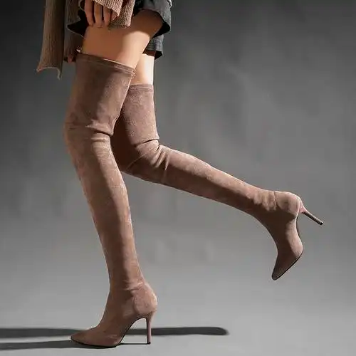 弹力显瘦大腿靴超长高筒马靴绒面棕色 秋冬过膝加长靴女细跟高跟鞋 -