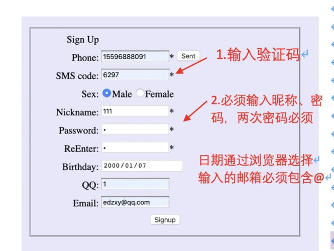 输入向手机发送的验证码,填入sms code中,并填写下列的表单
