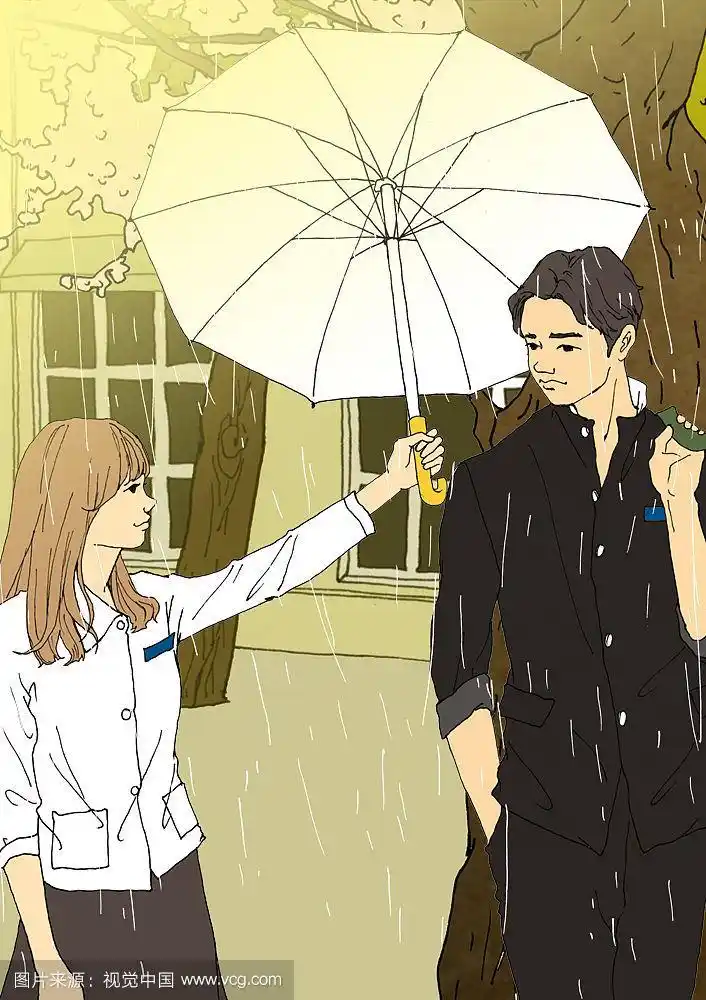 女孩在雨中为男孩打伞