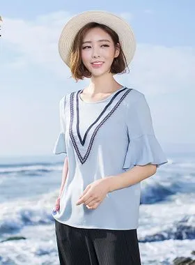 纤麦大码雪纺衫短袖2018新款夏装胖mm遮肚上衣荷叶袖982163561