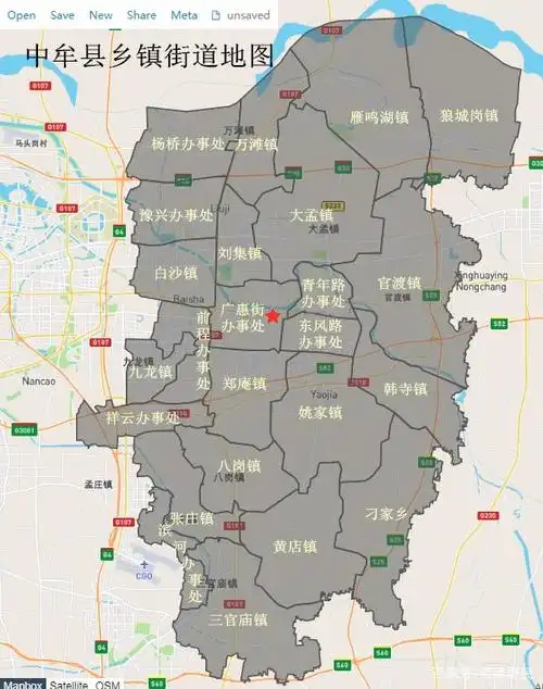 2021年地图软件显示的中牟县各乡镇