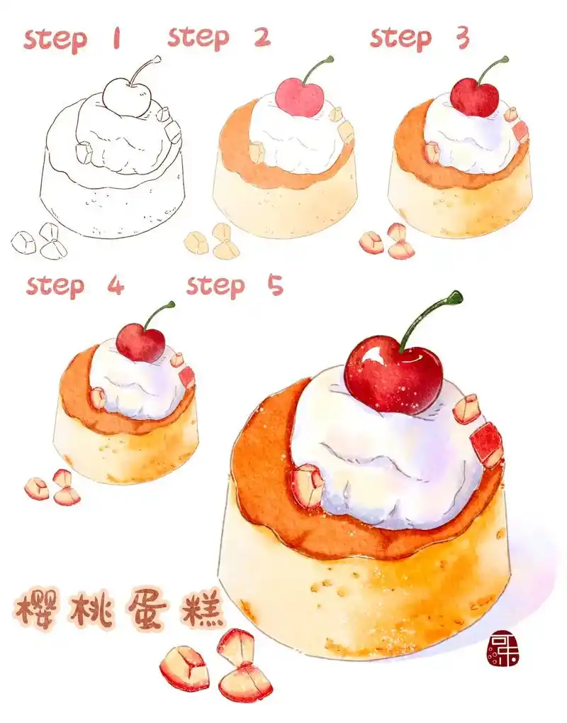 樱桃蛋糕绘画教程图.👩🏻‍💻设备:ipad pro20 - 抖音