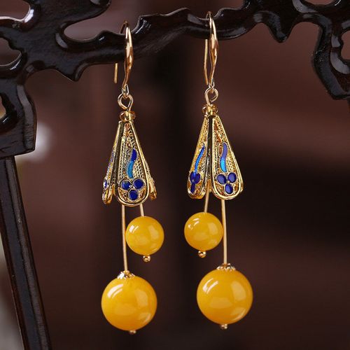 鸡油黄琥珀色老蜜蜡色耳环女民族风复古景泰蓝耳坠长925纯银耳沟