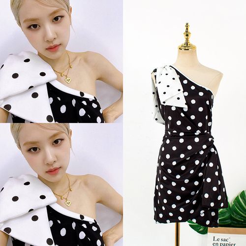 blackpink朴彩英rose同款波点斜肩连衣裙女拼色蝴蝶结短裙小清新