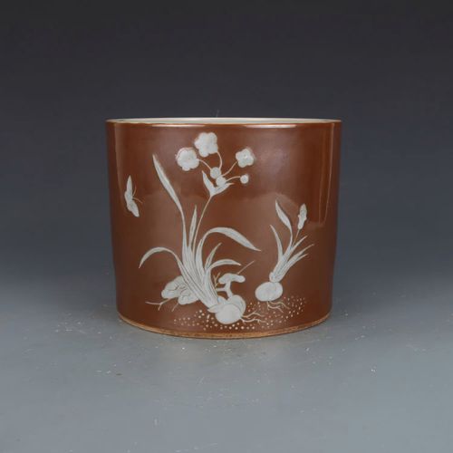 大清康熙紫金釉留白花卉笔筒 仿古瓷器古董真品包老保真古玩收藏