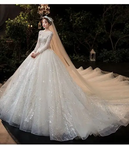 冬季主婚纱2022新款新娘气质拖尾星空梦幻长袖简约大气秋冬款孕妇