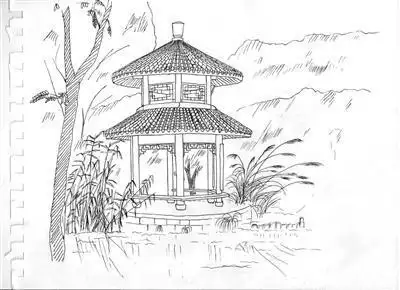 浙江杭州西湖简笔画分享展示亭子和小桥的简笔画