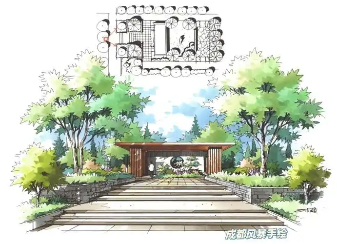 景观入口一点透视马克笔手绘