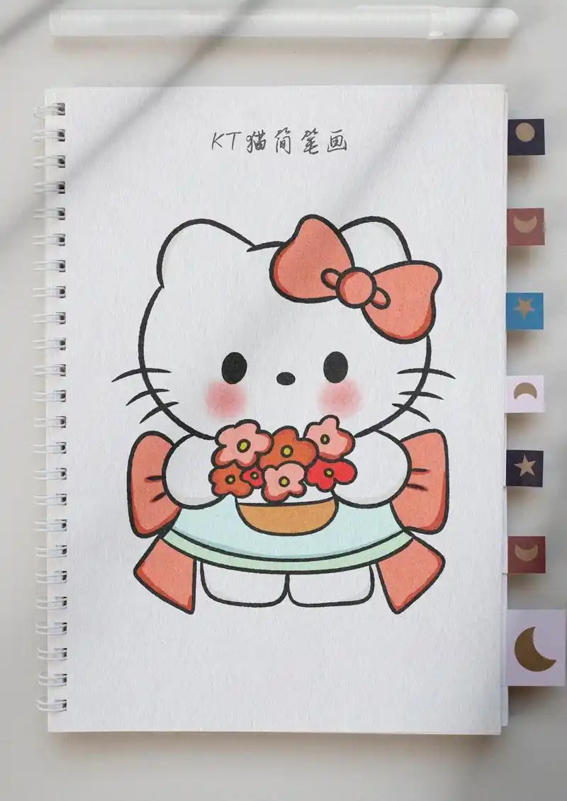 kt猫简笔画.穿着漂亮裙子捧着花花的kt猫来啦#kt猫 #简 - 抖音