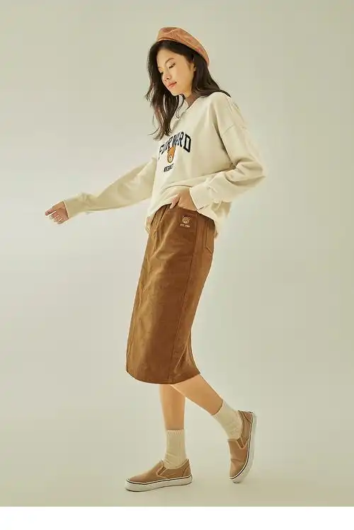 spao女装春秋季款coco小熊刺绣圆领上衣简约纯色舒适套头卫衣女 黑色