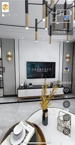 客厅背景墙用黑色金属线条将壁纸和石材划分区域